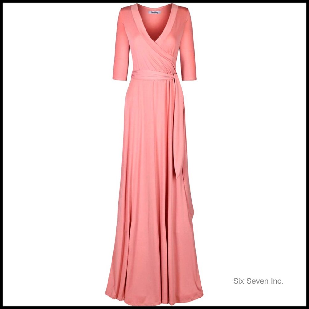3/4 Sleeve Deep V-Neck Maxi Faux Wrap Dress 95% Polyester 5% Spandex